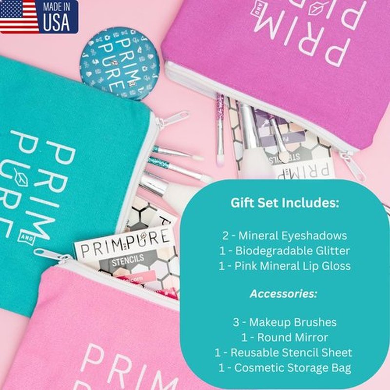 Prim and Pure Kids Makeup Gift Set - Stencil, Makeup Eyeshadow Bioglitter Lip Gloss and Cosmetic Bag Mirror Makeup Brush Accessories (Mermaid Blue)