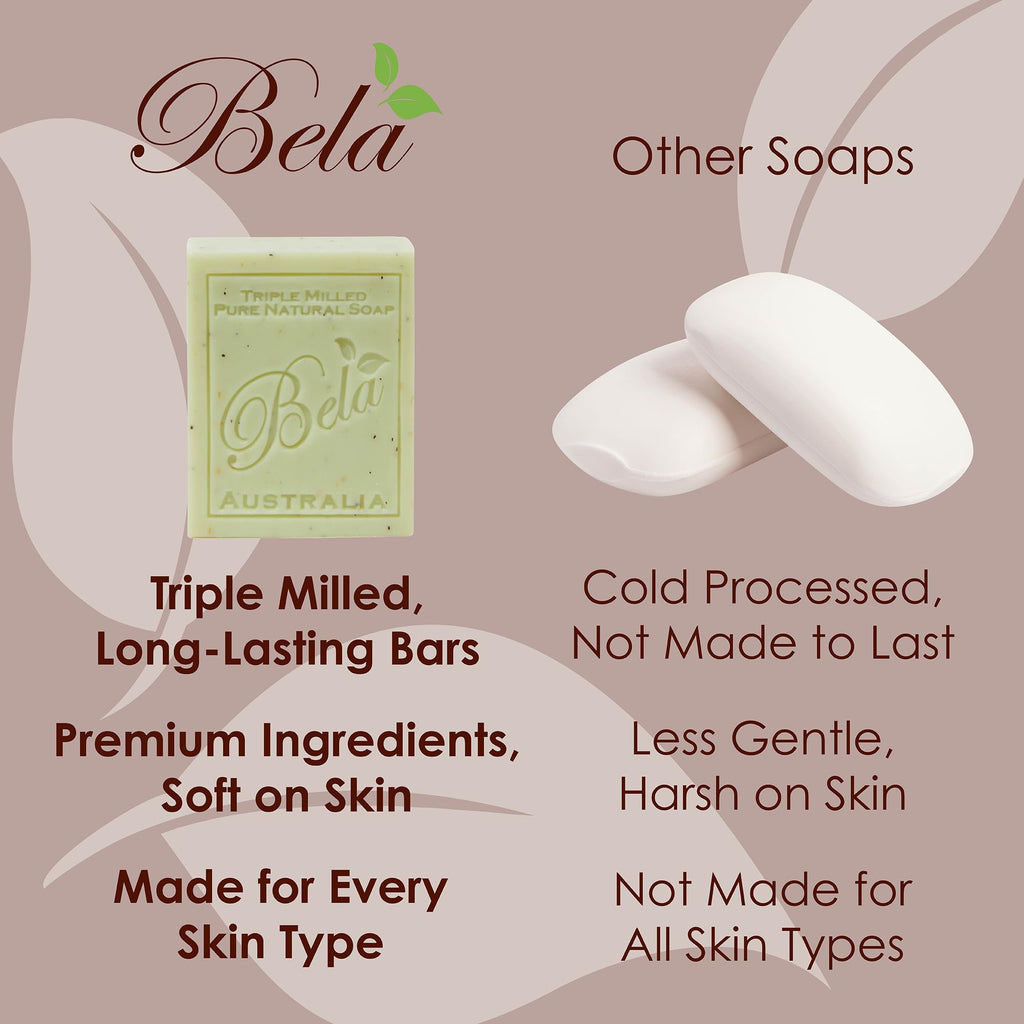 BELA Eucalyptus with Lemon Soap 3.3 oz Pack of 12, Long Lasting Triple Milled French Soap Enriched with Organic Shea Butter, Rich Creamy Lather, Made in Australia