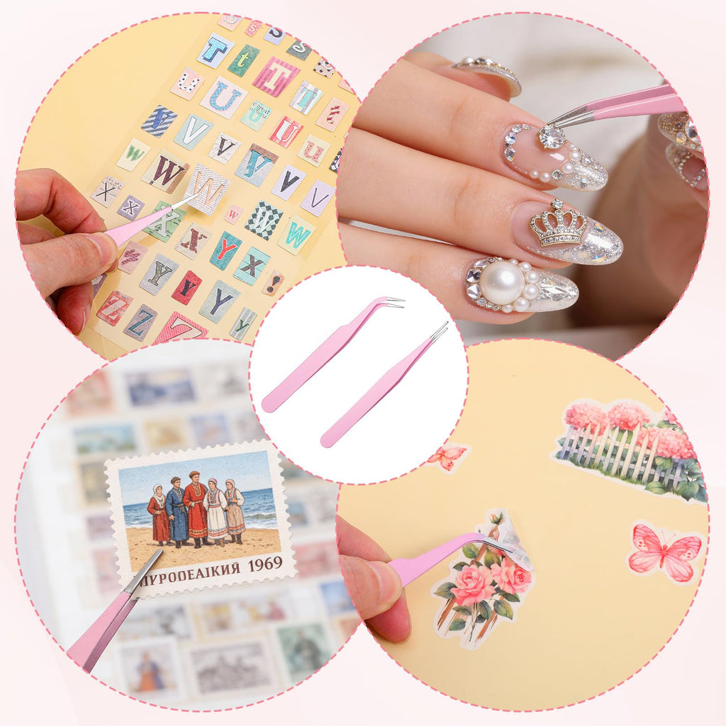 4 Pcs Sticker Tweezers, Pink Craft Tweezers for Stickers Universal Sticker Tweezers for Journaling Diamond Art Tweezers for Laboratory Work Jewelry Making Modeling Electronic Repair