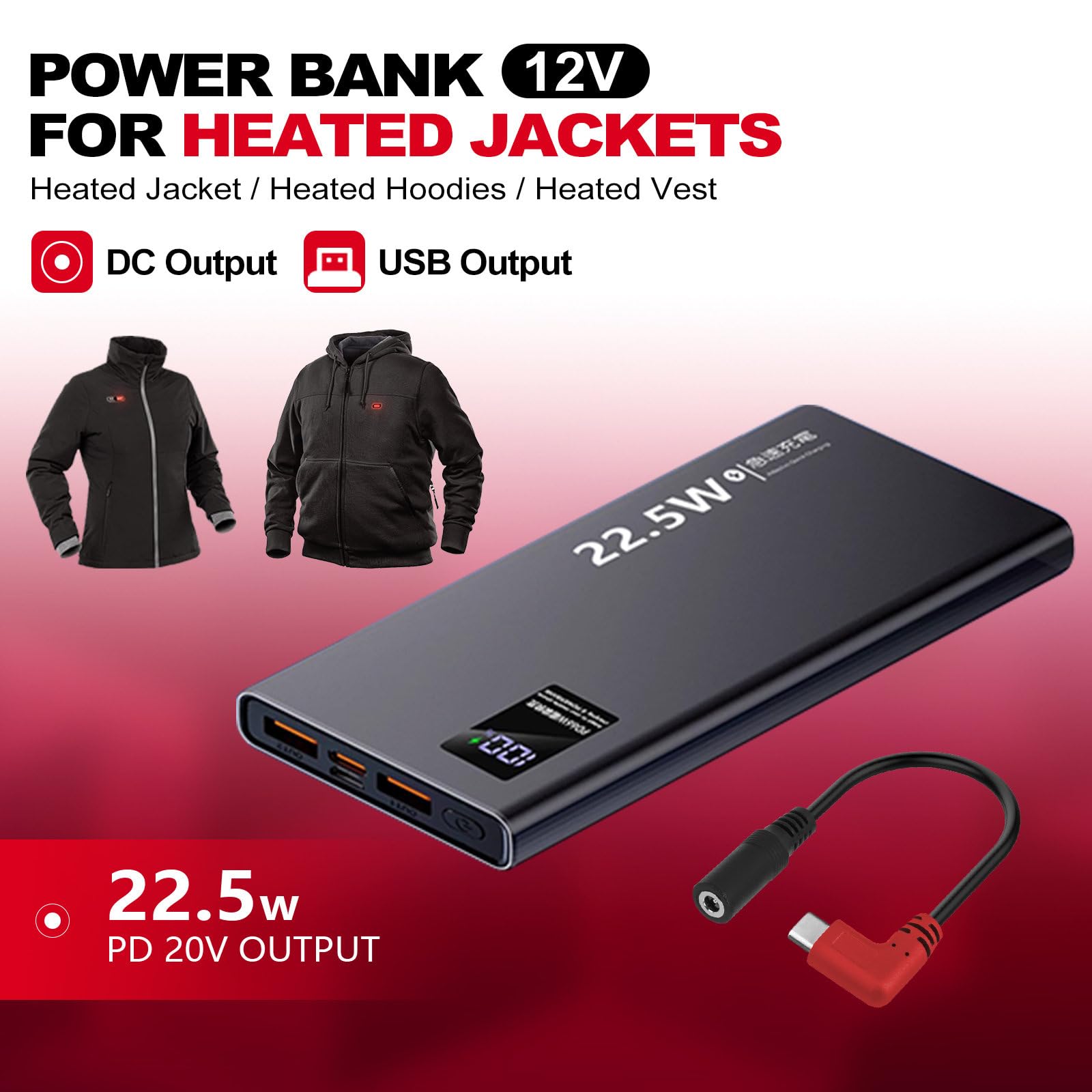Smarkey 12V QC3.0 Heated Jacket Battery PD Power Bank with Type-C Step Up Adapter Charger Cable Compatible with M12, Makita, Snapon, Metabo, Craftsman, AEG Gear