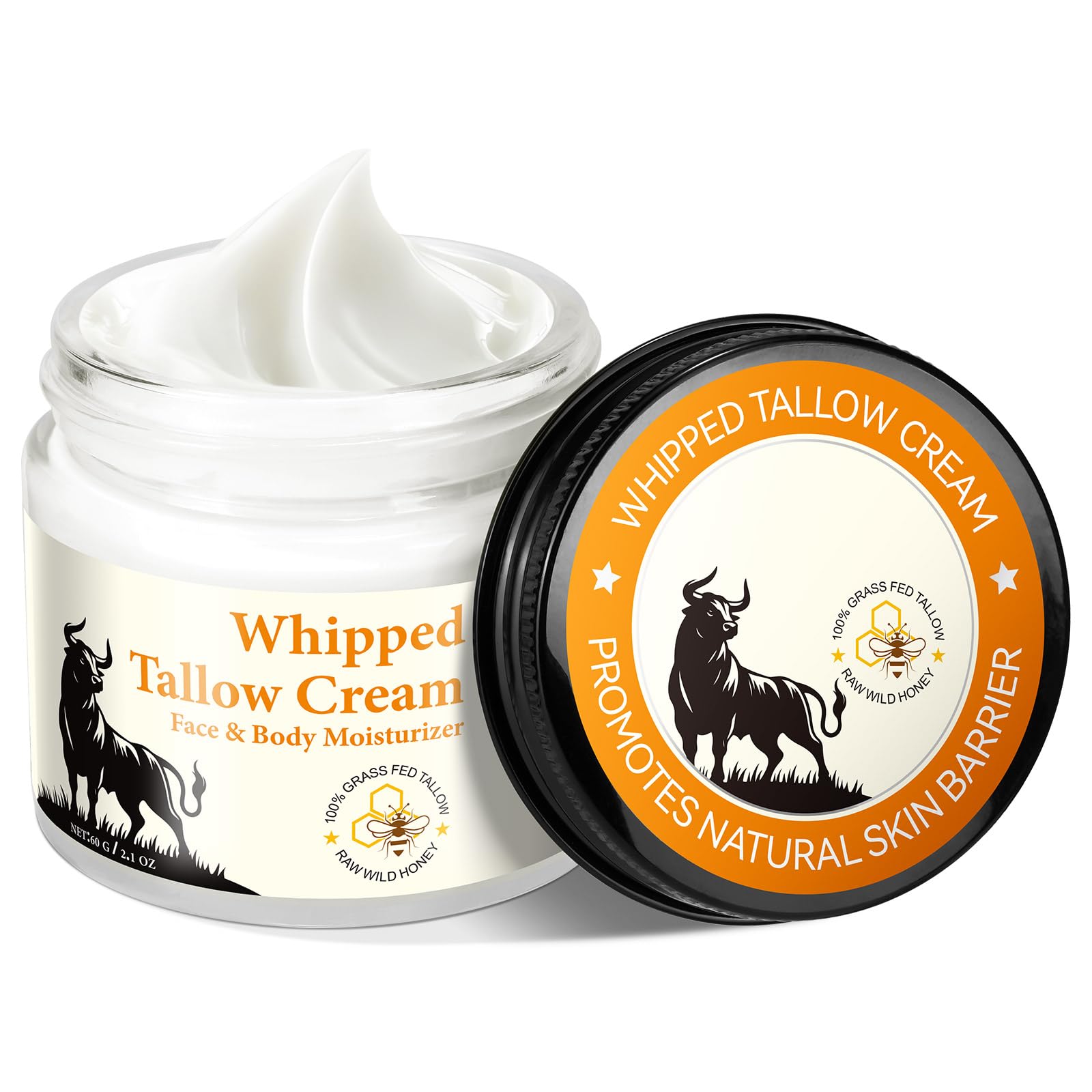 Beef Tallow for Skin 2.1 OZ - Suitable for Sensitive Skin, Grass Fed Tallow Deeply Nourishing for Face & Body. Whipped Tallow Cream and Honey Balm Face Moisturizer.