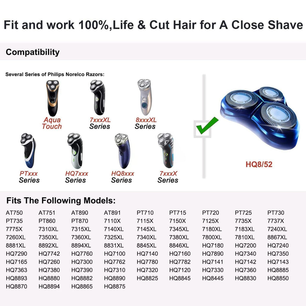 HQ8 Replacement Heads Compatible with Philips Norelco Shaver, Blade for AT880, PT720, PT740, New Upgraded 3-pc Pack