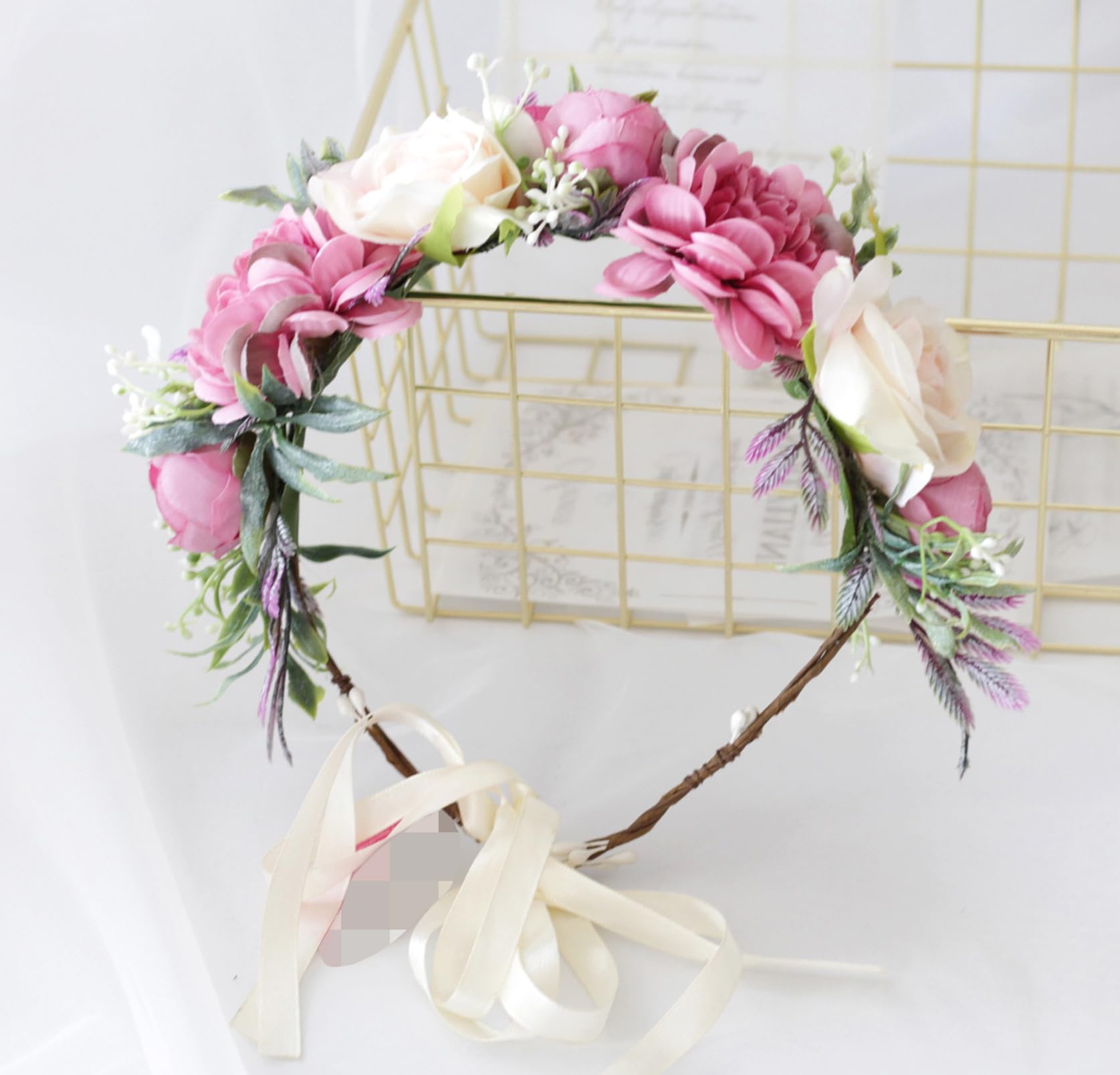 Vivivalue Fairy Floral Crown Even Headband Flower Headpiece Woodland Forest Elf Circlet for Women Halloween Renaissance Wedding Bridal Cosplay Prom Photo Props Pink