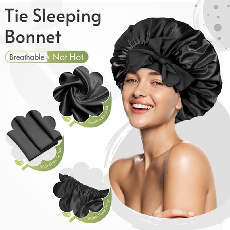 BONNET QUEEN Silk Bonnet for Sleeping Women Satin Bonnet Anti-Frizzy Night Sleep Cap Hair Wrap for Curly Hair with Adjustable Tie Band,Black