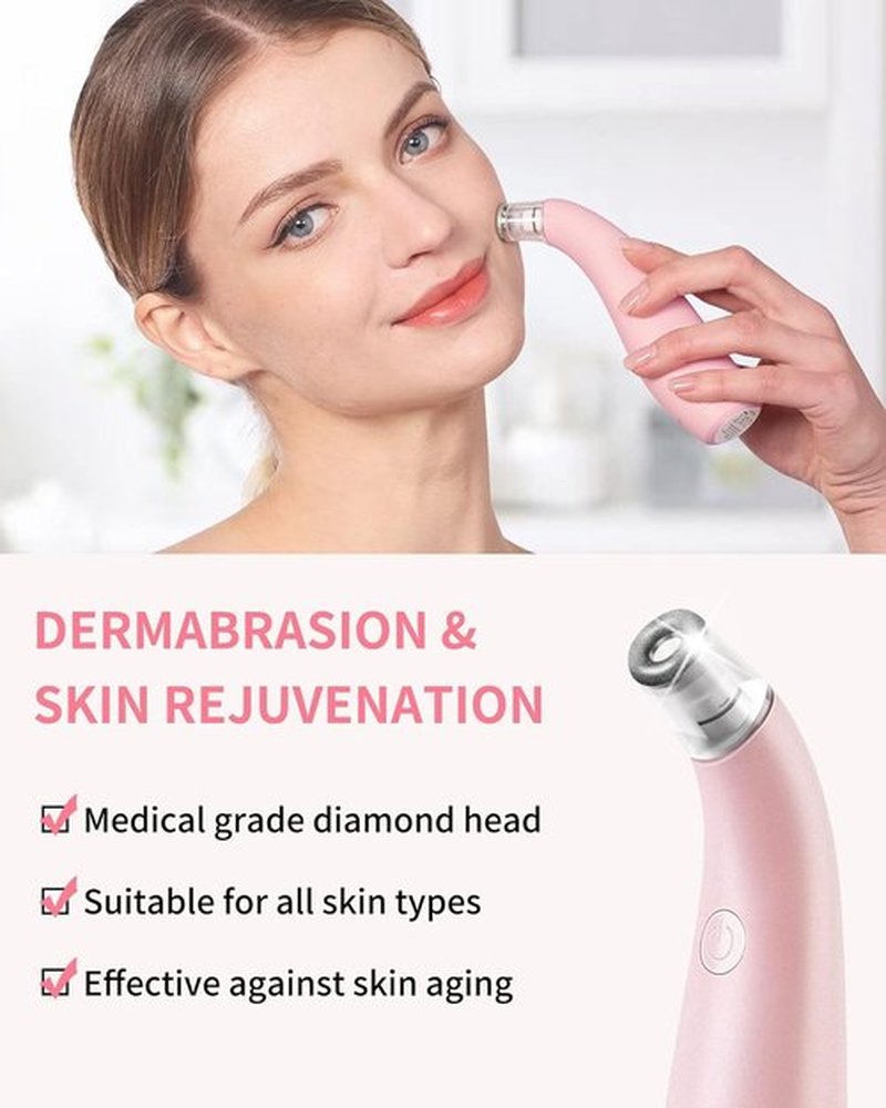 NEWDERMO 2-in-1 Microdermabrasion Machine - USB Rechargeable Diamond Facial Treatment Device (Pink)