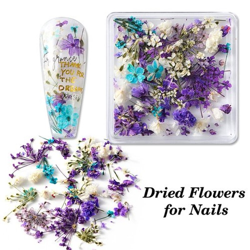 JERCLITY 4 Boxes Real Dried Flowers for Nail Art - Mini Red Pink Purple Gypsophila Stickers Decals Natural Dry Accessories for Women