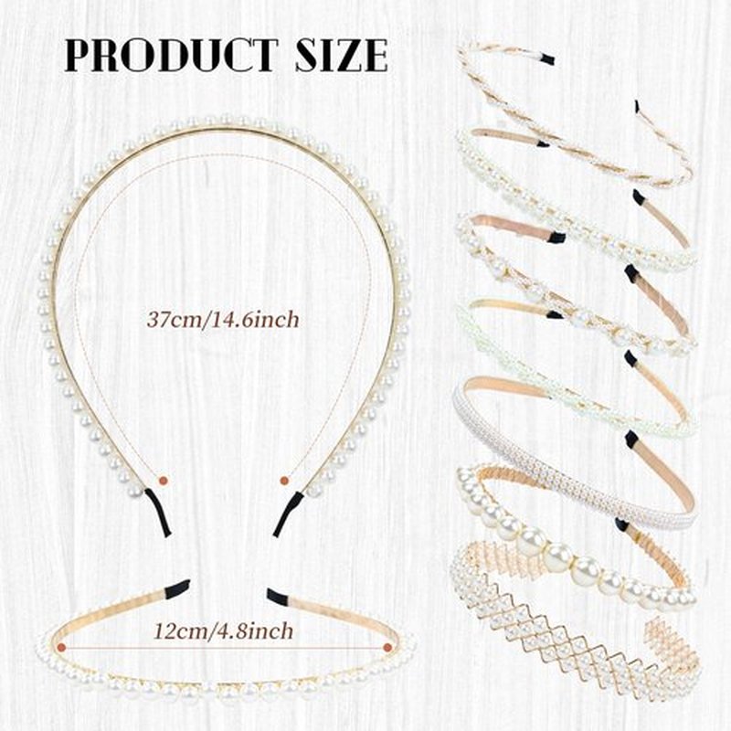 Cinaci 8 Pieces Decorative Gold Wedding Birthday Party Prom Artificial Pearl Headbands Bling Beaded Hair Tiaras Hoops Headpieces Accessories for Women Girls Teens Kids