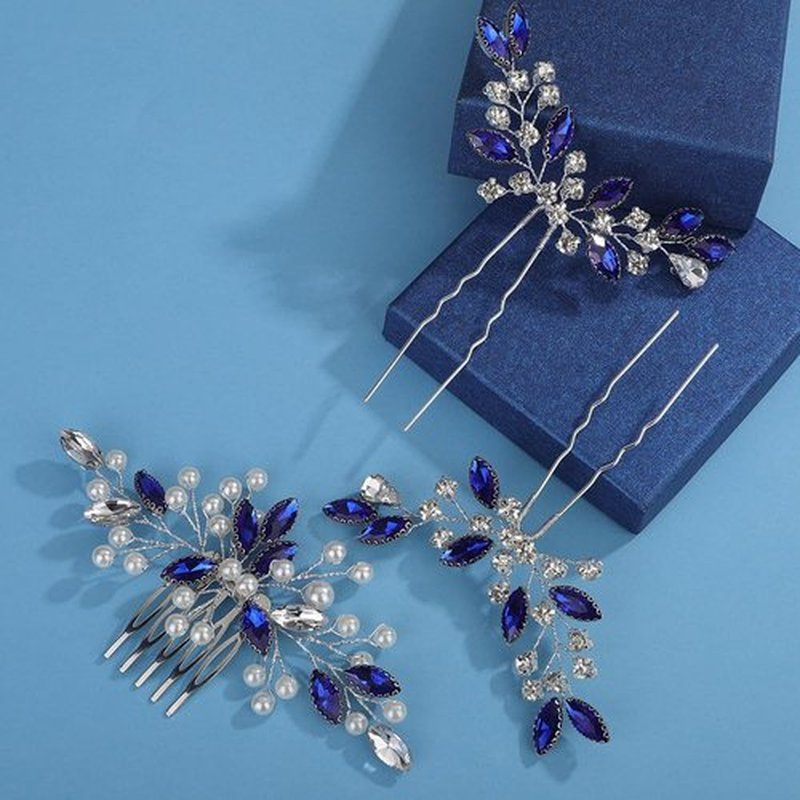 Missgrace Bride Blue Wedding Hair Side Comb with Hair Pins Pearls Women Hair Comb Rhinestone Crystal Headpiece Dainty Bridal Hair Accessories for Women