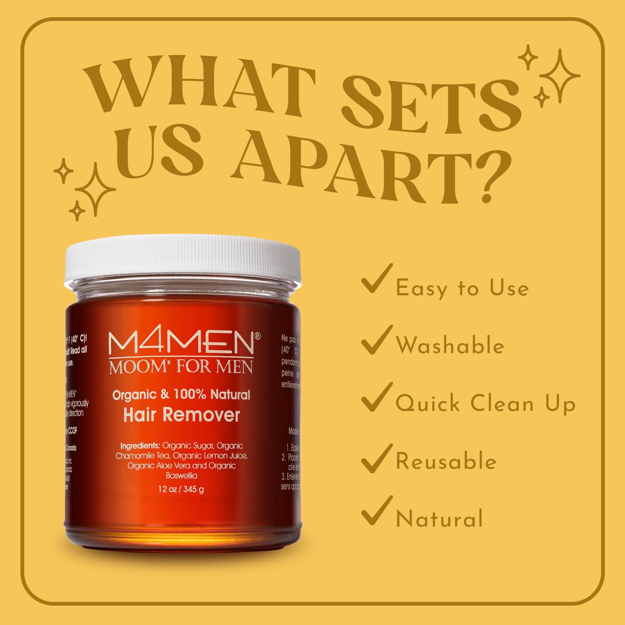 MOOM USDA Organic Sugar Wax Hair Removal for Men - Body, Leg & Face - 12 oz
