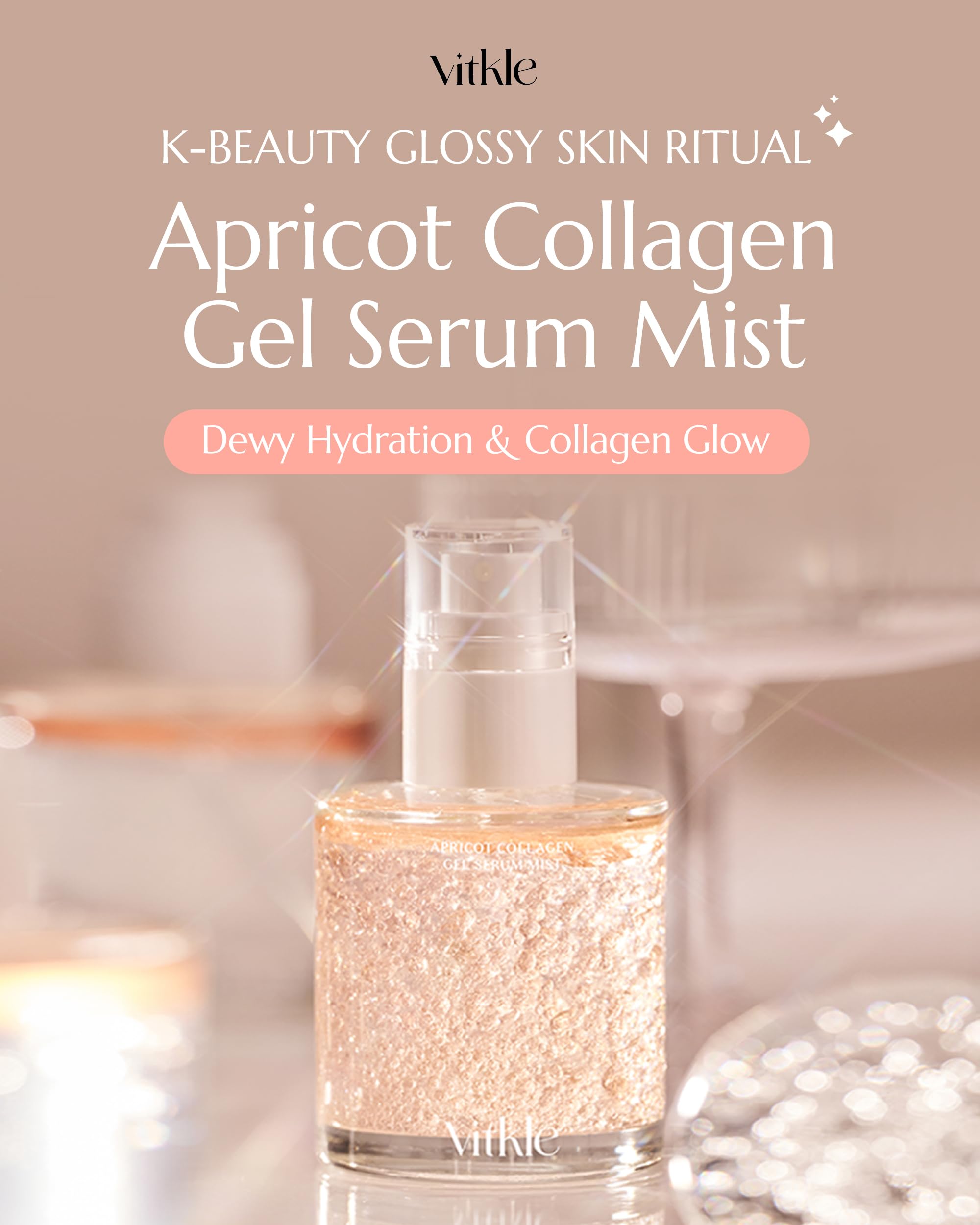 Vitkle Apricot Collagen Gel Serum Mist - Korean Face Moisturizer French Patented with 8-Layer Hyaluronic Acid, Bakuchiol, Adenosine for Hydration Glow Firming Anti-Aging Spray, 3.38 fl.oz.