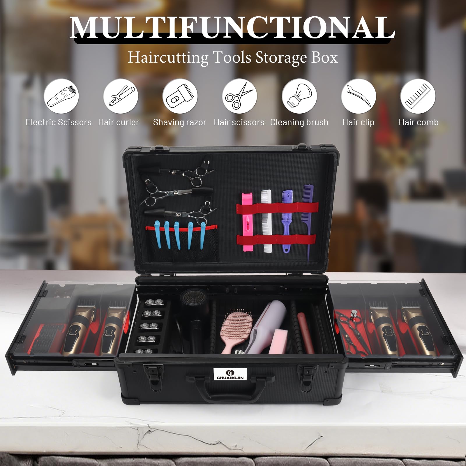 Large Barber Case Organizer, Professional Barber Briefcase with 6 Clipper Slots & 8 Shear Holders, Sliding Tray, 20" Aluminum Barber Carrying Tool Case for Clippers, Scissors, Trimmers & Supplies