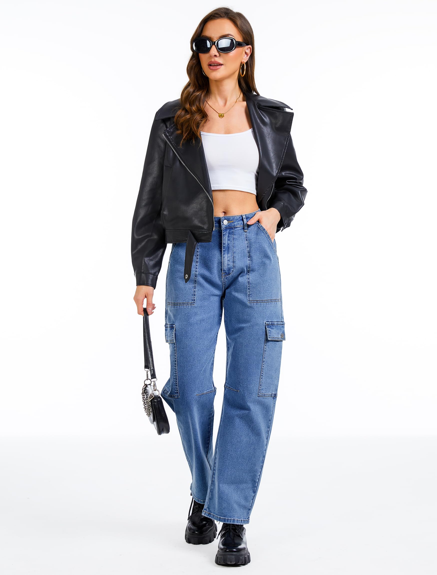 Eddoyee Barrel Jeans Women Cargo Ankle Pants Wide Leg High Waisted Casual Baggy Utility Denim Trousers with 6 Pockets