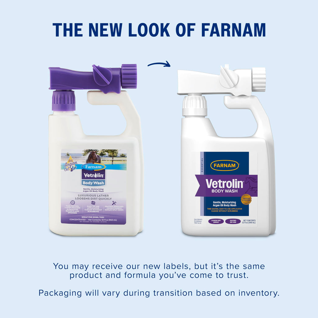 Farnam Vetrolin Body Wash, Time-Saving with No Scrubbing, Gentle and Moisturizing with Argan Oil, Soothes Dry Skin, for Horses and Dogs, 32 fl oz.