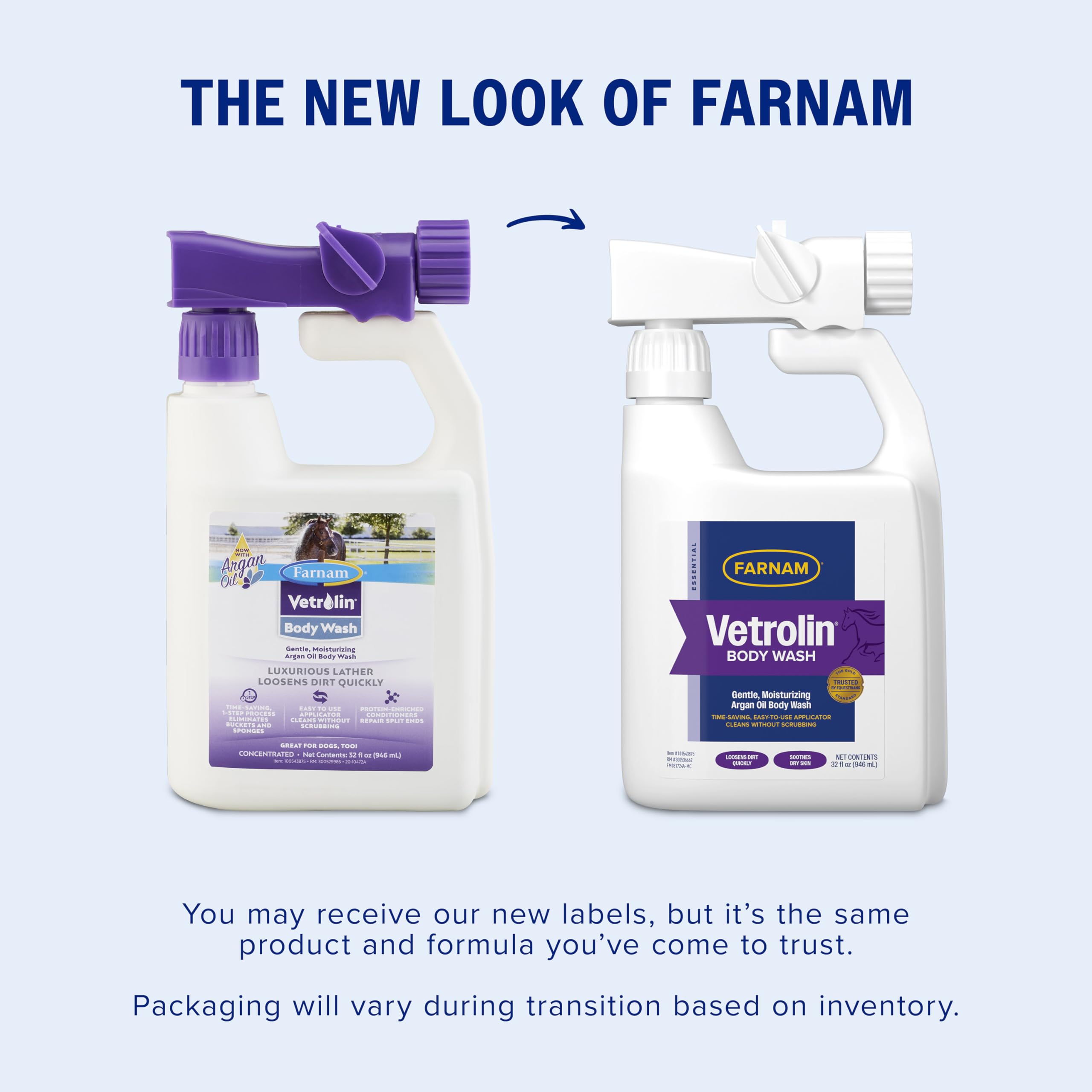 Farnam Vetrolin Body Wash, Time-Saving with No Scrubbing, Gentle and Moisturizing with Argan Oil, Soothes Dry Skin, for Horses and Dogs, 32 fl oz.