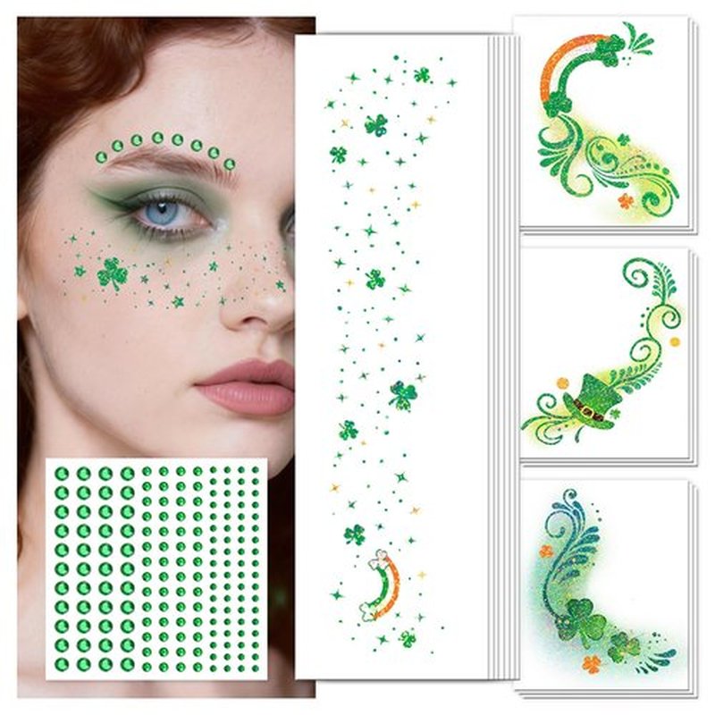 EMOME St Patrick Day Accessories, St Patrick's Day Glitter Shamrock Face Tattoo with Green Face Gems and Faux Freckles, Saint Patrick's Day Makeup Art Decorations Gift for Women