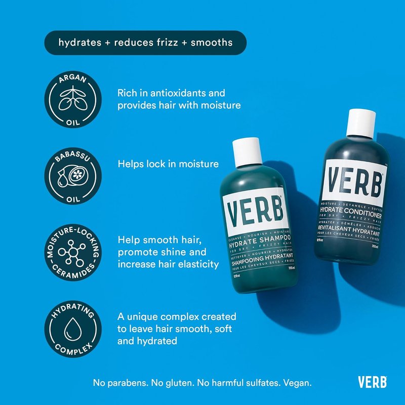 VERB Hydrate Shampoo & Conditioner Duo - Nourishes Dry, Frizzy Hair for Smoothness - Amber & Warm Jasmine Scent
