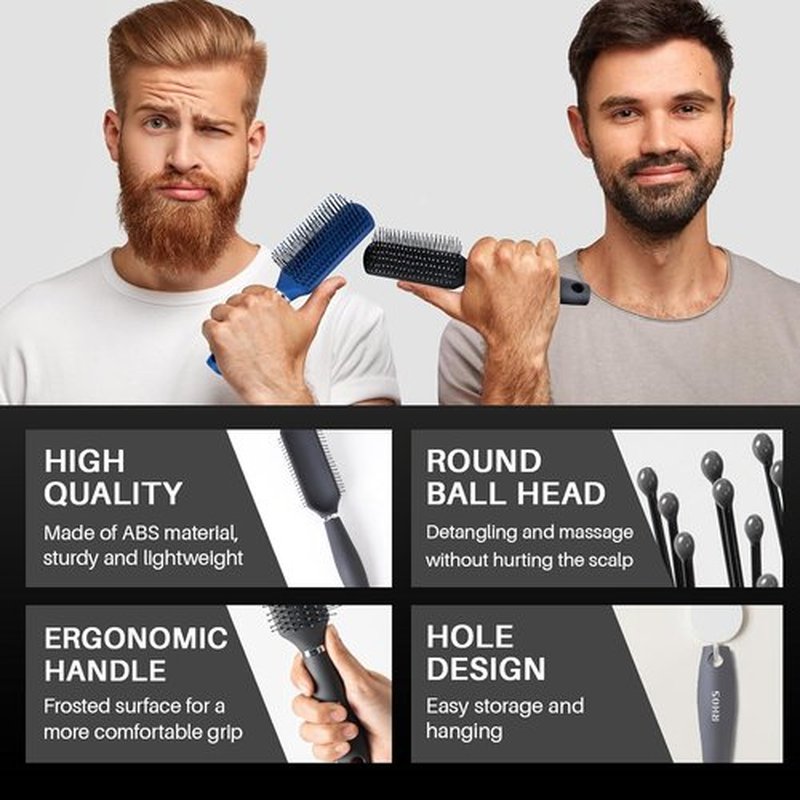 RHOS Hair Brush for Men - Detangler Styling Brush with Nylon Bristles for Wet & Dry Hair - Gray