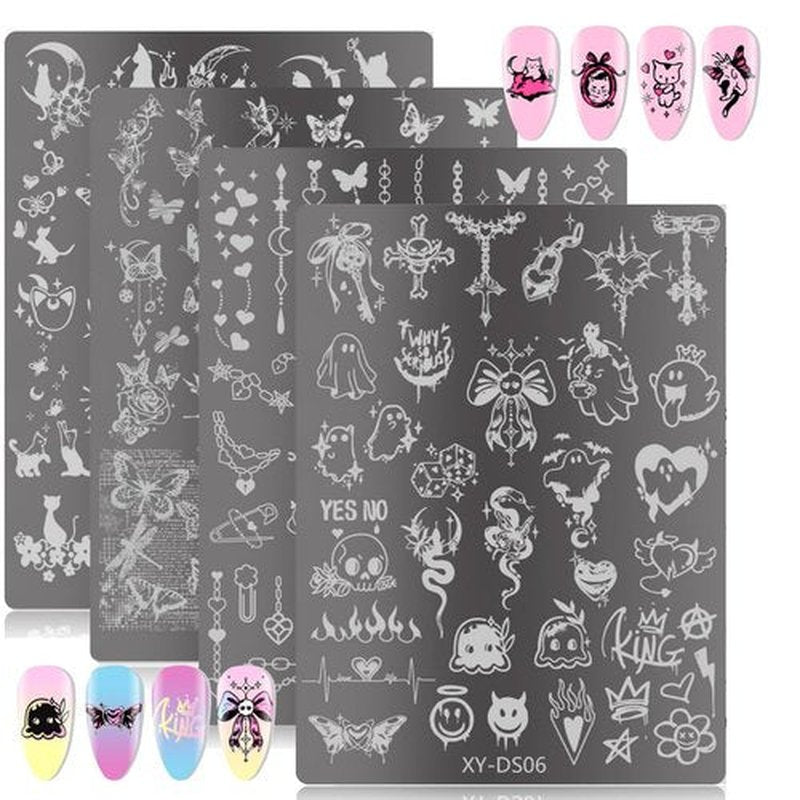 4Pcs Gothic Cute Nail Stamping Plate Set - Dark Kawaii Nail Art Templates, Stainless Steel Spooky Sweet Nail Stamp Plates with Skull & Lace Patterns for DIY Print Manicure Salon Design Gift Supplies