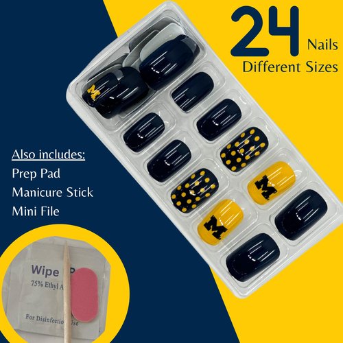 J2 Sport University of Michigan Press On Nails, No Glue Mani, Includes 24 Nails, Prep Pad, 1 Manicure Stick, 1 Mini File