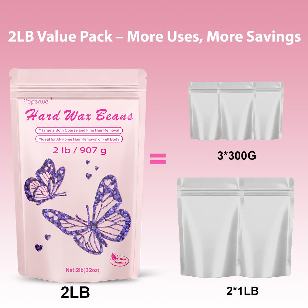 AUPERWEL 2lbs Wax Beads with Coarse Hair Formula, Hard Wax Beads for Hair Removal and Sensitive Skin, Hard Wax Beans for Bikini, Brazilian, Legs, Underarms, Chest, Full Body Waxing (Natural Lavender)