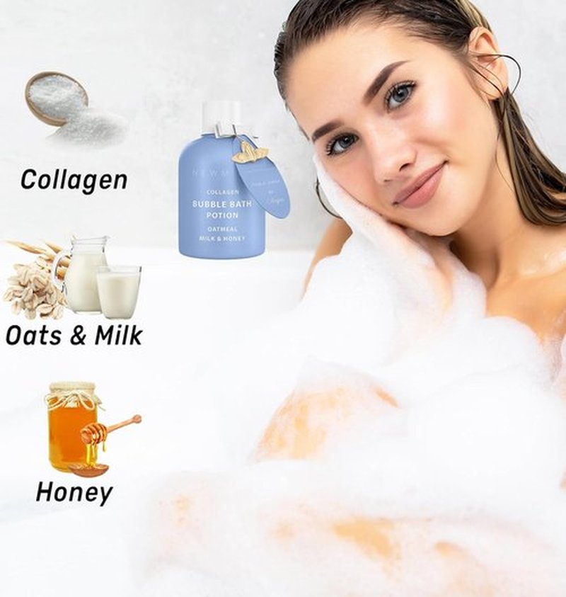 Skiennix Collagen Bubble Bath - Long-Lasting Foam with Oatmeal, Milk & Honey | Moisturizing Spa Gift for Relaxation