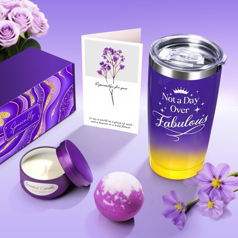 Mothers Day Birthday Gifts Set for Women Her Mom Wife Girlfriend Friend - Purple Self Care Spa Relaxation Gift Basket Set with Novelty Stainless Steel Coffee Tumbler, Lavender Candle, Bath Bomb