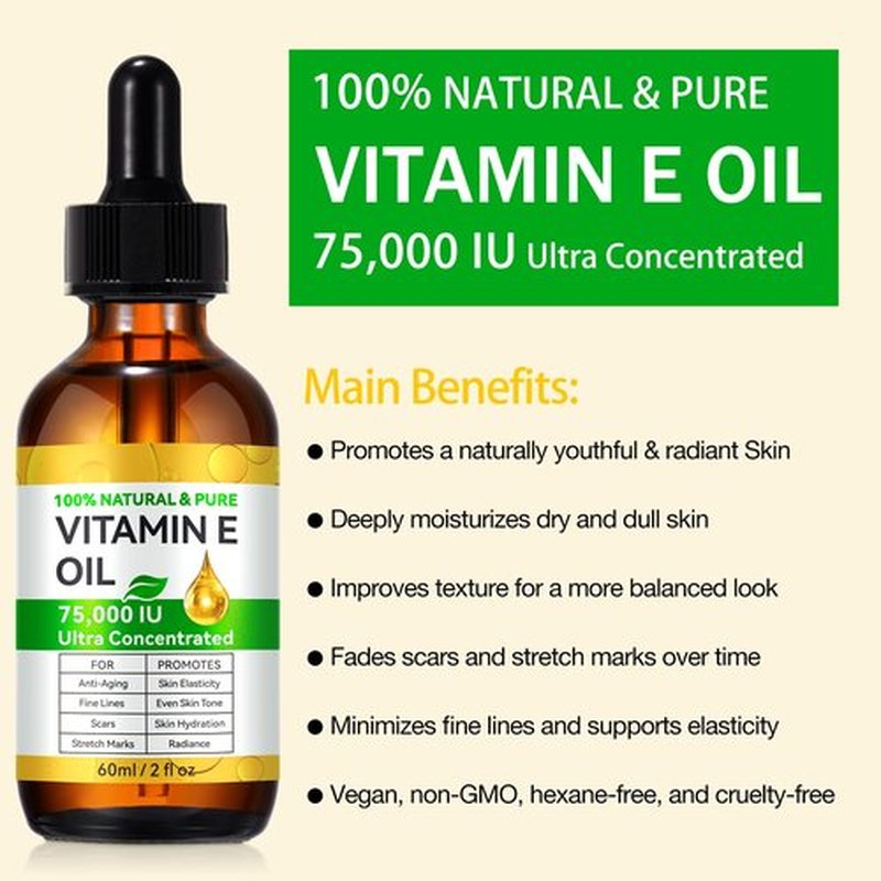KITNOBLIS Vitamin E Oil for Skin - 75,000 IU | Vitamin E Oil for Scars, Stretch Marks, Wrinkles, 100% Natural d-Alpha Tocopherol for Face & Hair, Moisturizing Anti-Aging (60 ML)