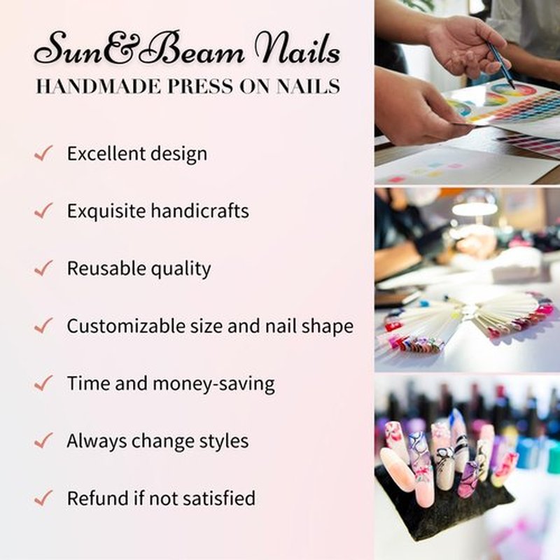 Sun&Beam Nails Handmade Press-on Short Round White Beige Gold 3D Mirror Pearl Design False Nail Tips 10 Pcs (#131 L)