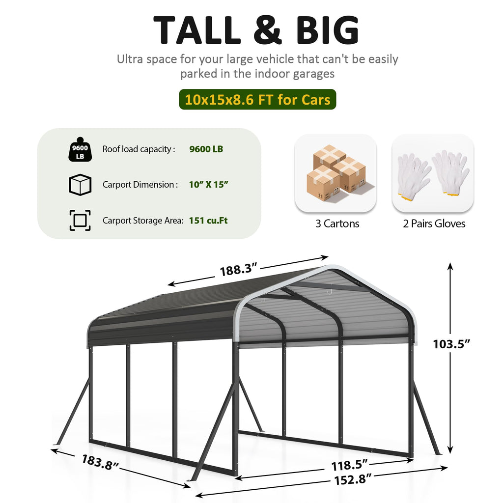 DAUSOLA 12x20 FT Metal Carport, Heavy Duty Carports Canopy with Updated Enhanced Base and Roof for All-Weather Use, Outdoor Galvanized Car Shelter, Car Port Garage for Car, Boats and Tractors, Grey