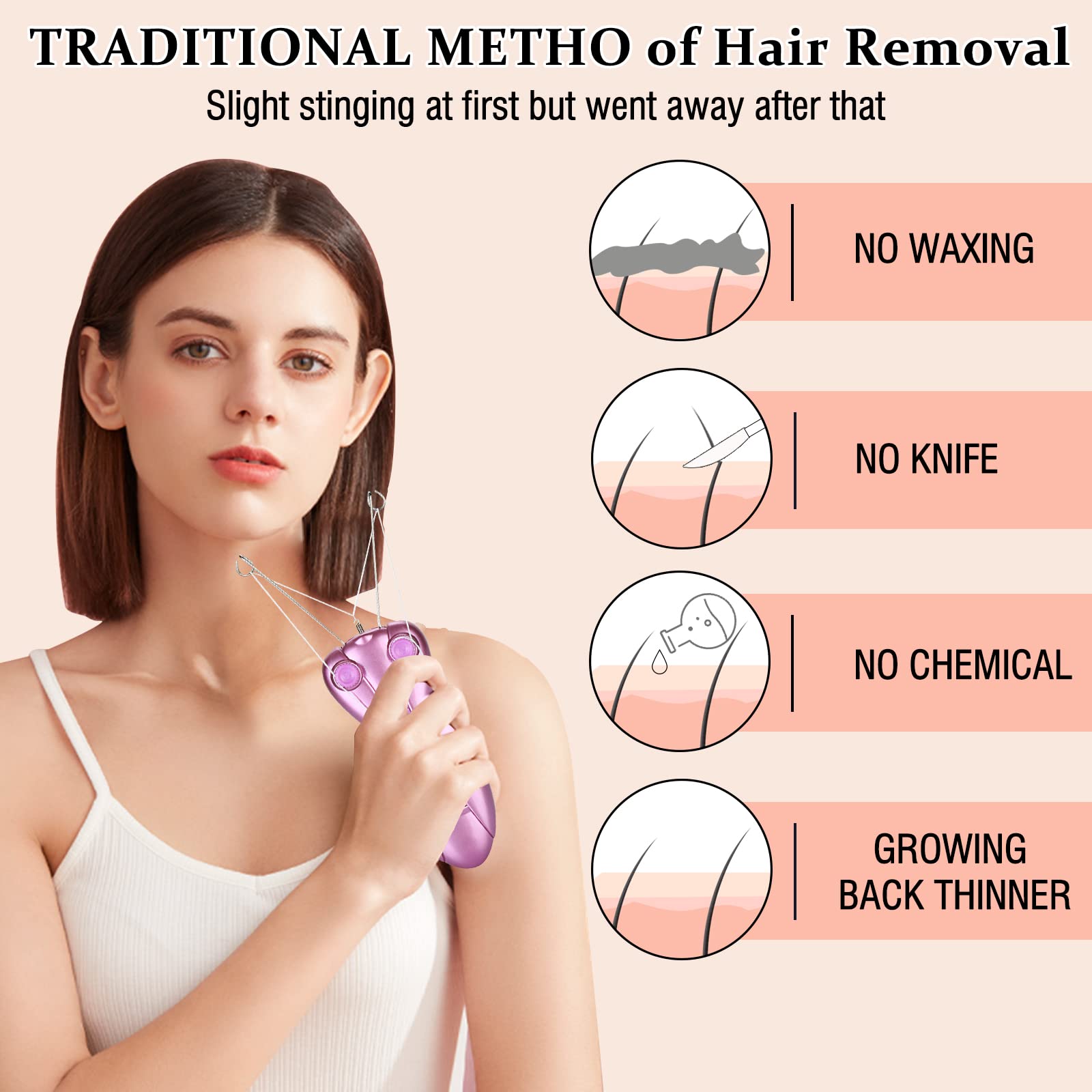 Electric Women Facial Hair Remover, EC VISION Ladies Beauty Epilator Trimmer Facial Cotton Threading Hair Shaver (Pink)