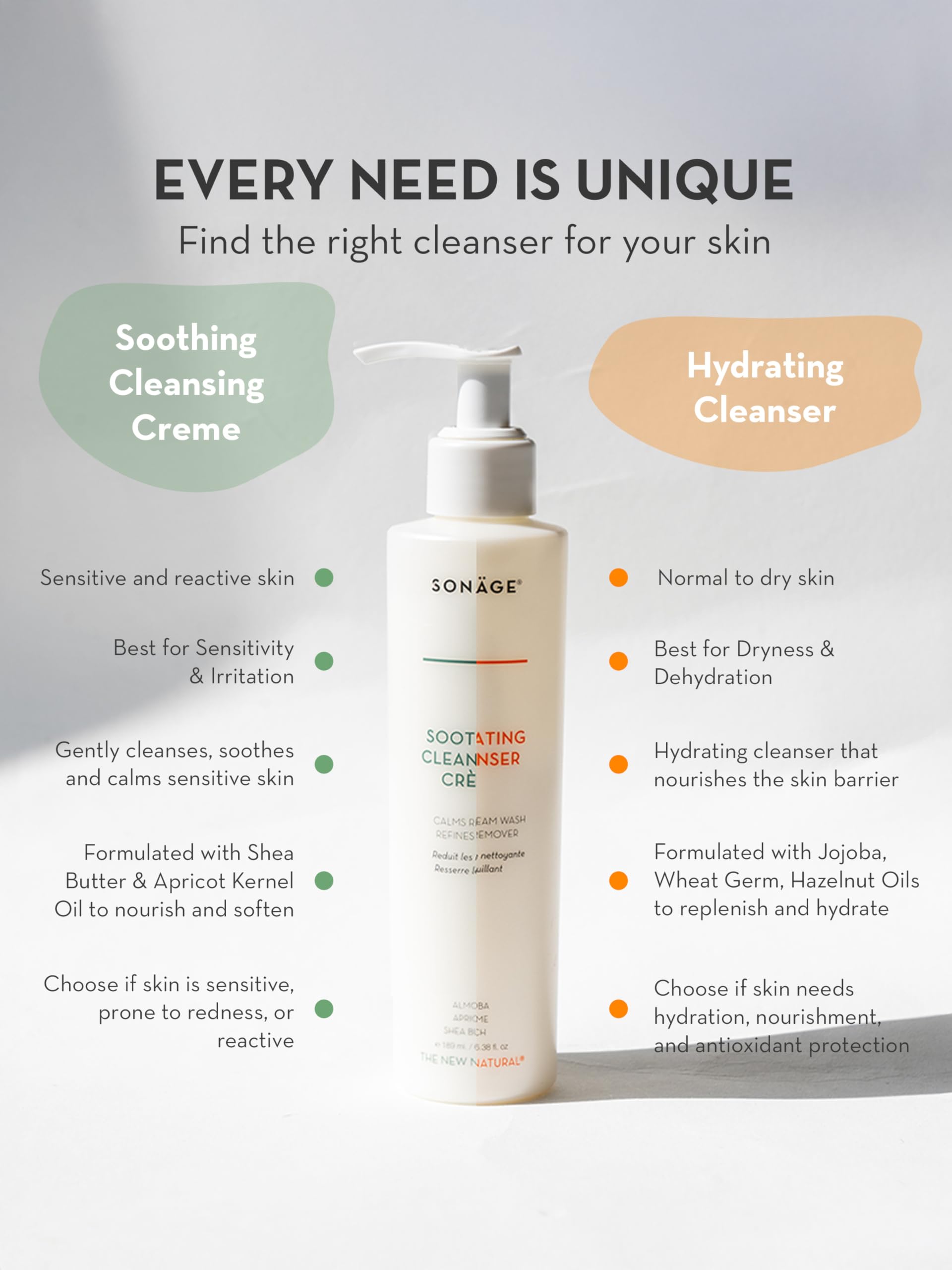 SONAGE Hydrating Facial Cleanser for All Skin Types | Gentle Cream Face Wash & Makeup Remover with Aloe, Chamomile & Vitamin E | Non-Stripping, Moisturizing Daily Cleanser