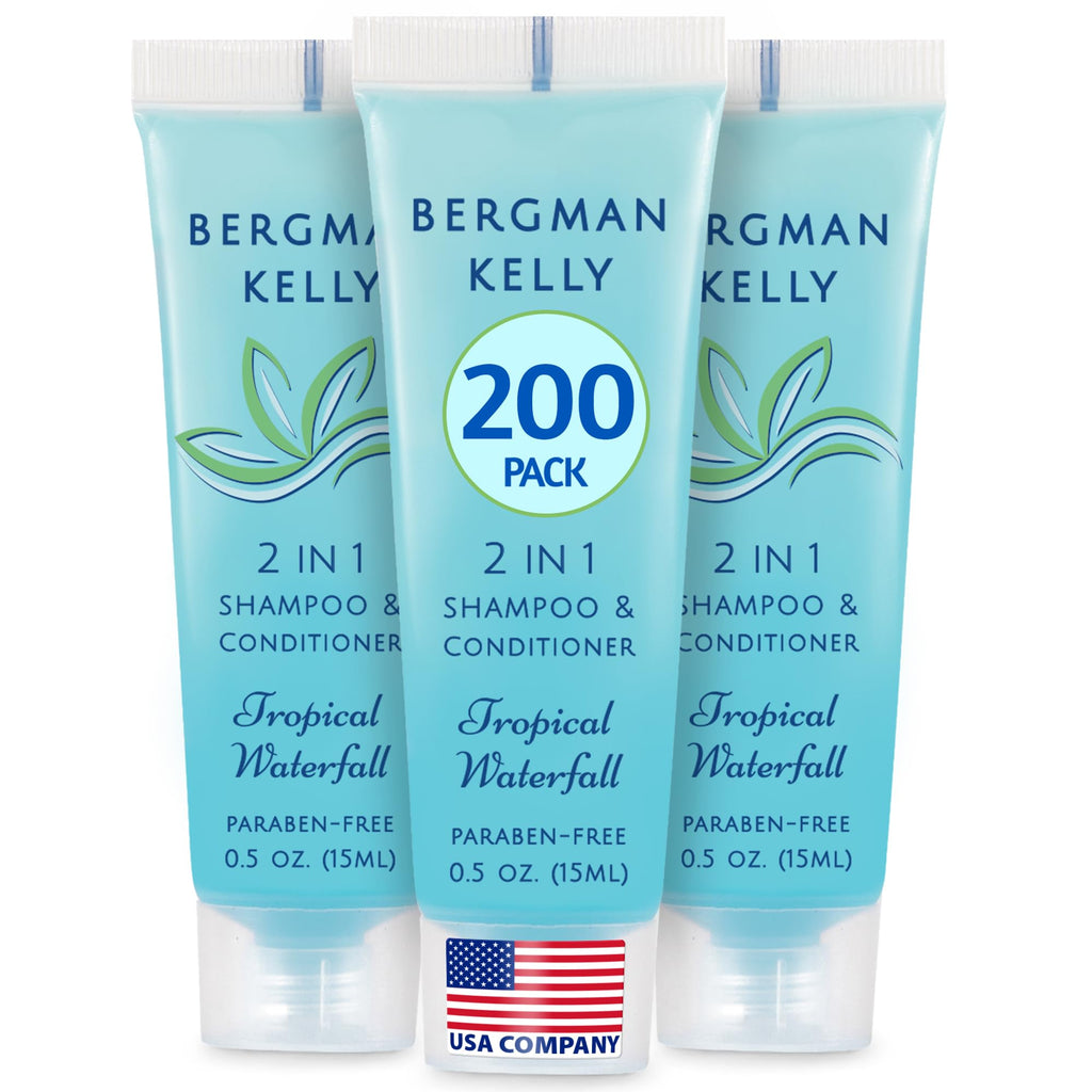 Bergman Kelly - Travel Size 2 in 1 Shampoo & Conditioner - 0.5 fl oz, 200 PK, Tropical Waterfall - Delight Your Guests w/Invigorating & Refreshing Shampoo Amenities - Small Hotel Toiletries in Bulk