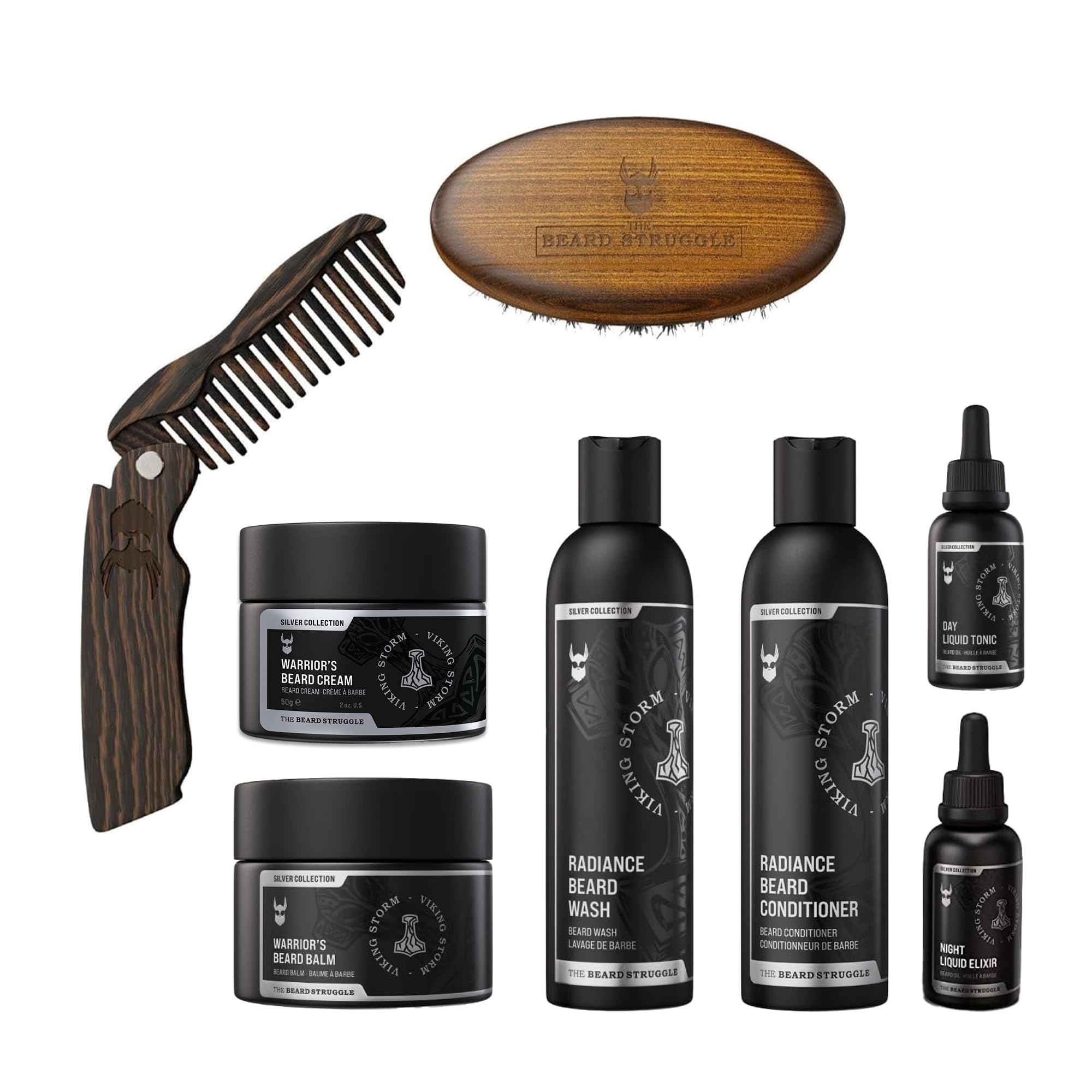 The Beard Struggle Ultimate Beard Growth Kit for Men Balm, Cream, Brush, Comb, Oil, Wash, & Conditioner for Moisturizing Beard - Viking Storm, Silver Collection