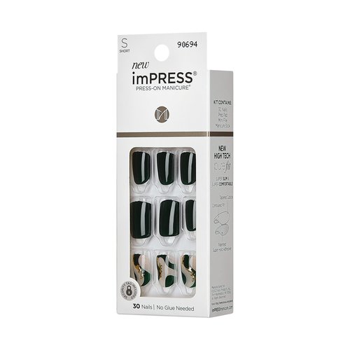 KISS imPRESS Press-On Manicure Fake Nails, Time Lapse - Short Length, Squoval Shape, Polish-Free Dark Green Gold Design Mani, Includes Prep Pad, Mini File, Manicure Stick, and 30 Fake Nails