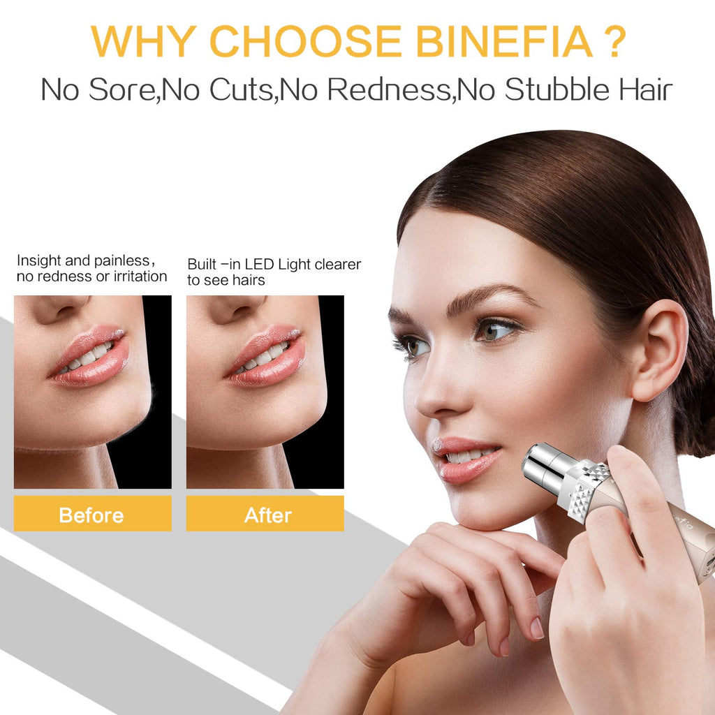 Facial Hair Remover for Women, Binefia USB Rechargeable Facial Hair Removal, Painless Face Hair Trimmer, IPX6 Waterproof Electric Ladies Shaver with LED Light for Peach Fuzz/Lip/Upper Chin/Cheek