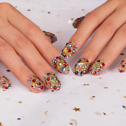 LOVFUL Press on Nails Precious | Handmade with Full Covered Crystals | Reusable Fake Nails | Almond Short 0.8 in | H175-M
