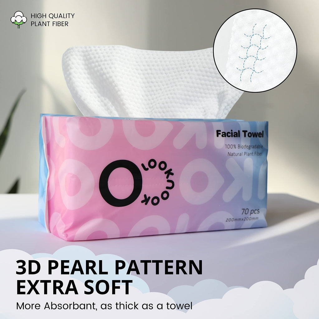 LOOKNOOK Disposable Face Towel, Facial Towel 50% Thicker than Others, Acne Fighting Lint Free Face Wash Cloth, Makeup Towel, Super Soft for Sensitive Skin, Multipurpose Cleaning Cloth, 70 Count