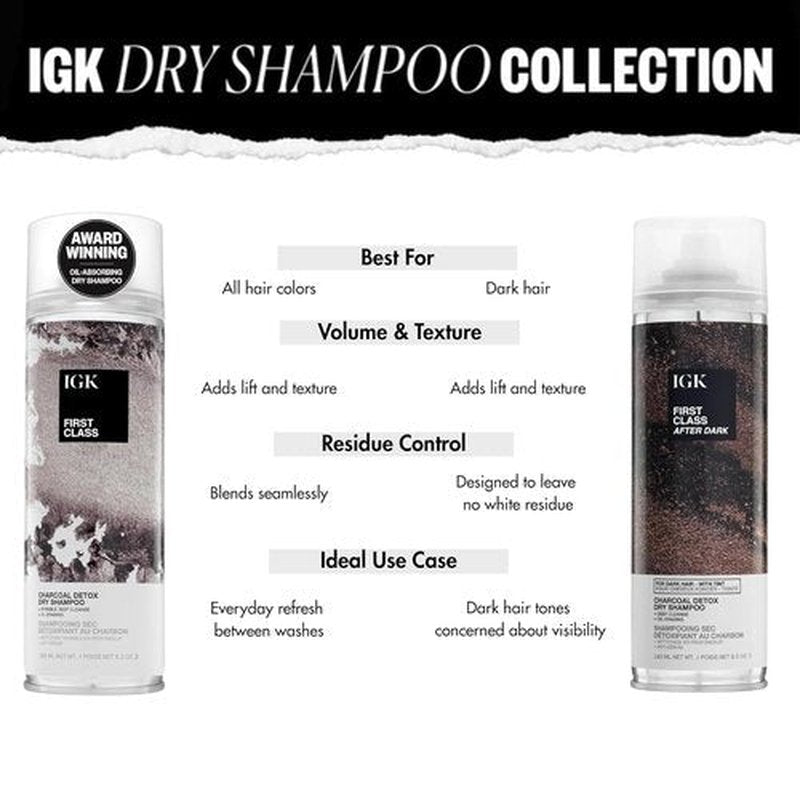 IGK First Class After Dark Charcoal Detox Dry Shampoo - Brown Tinted, No White Residue Spray | Adds Volume & Texture | 6.5oz