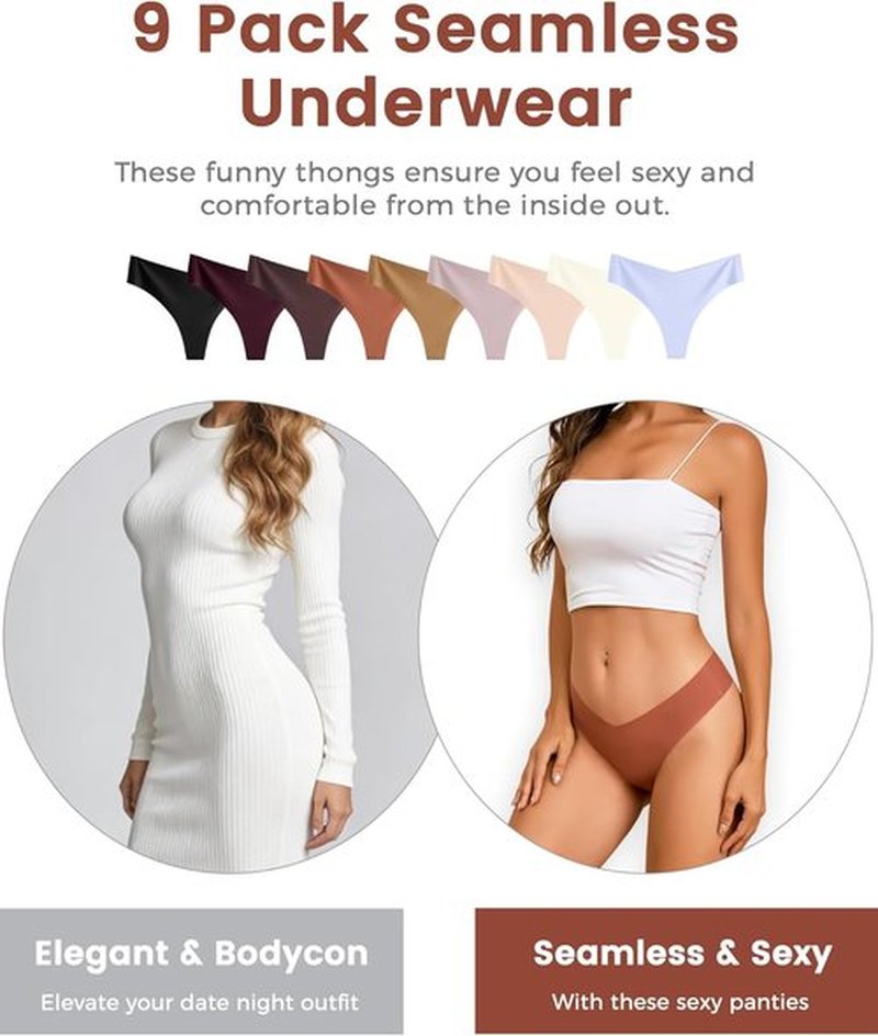 Take Talk Women's Seamless Thongs - 9 Pack No Show V-Waisted Invisible Panties for Ultimate Comfort