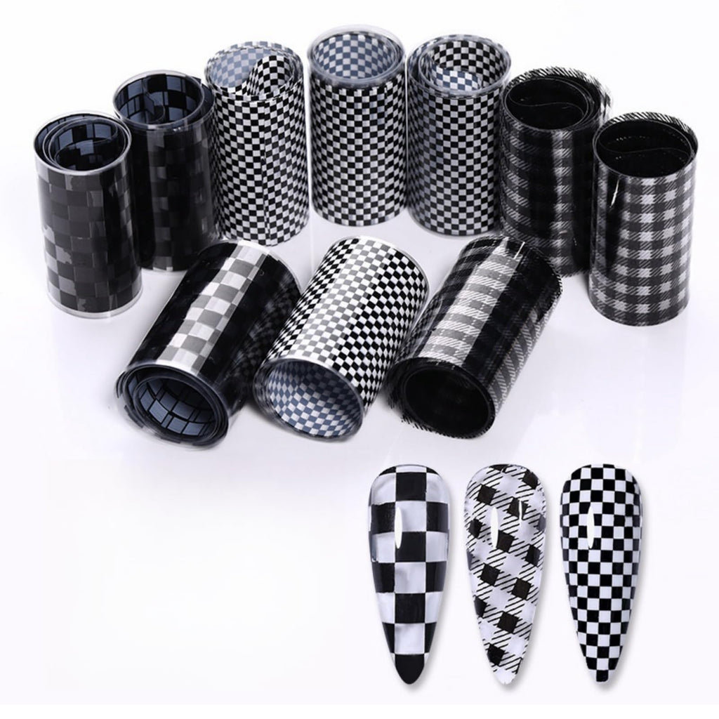FILFEEL 1 Box Nail Foil Transfer Stickers Decals, Print Black White Plaid Nail Art Sticker, DIY Nail Art Design Tool Stickers Decals Decorations Acrylic Nails Supplies for Home and Nail Salon