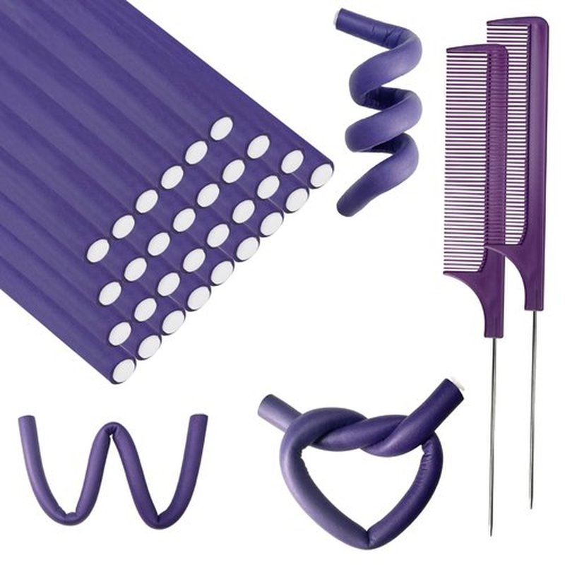 60 Pieces Flexible Curling Rods Twist Foam Flexi Rods No Heat Hair Rods Hair Rollers and Steel Pintail Rat Tail Comb for Long or Short Hair Women Girls (9.45 x 0.31, Purple)