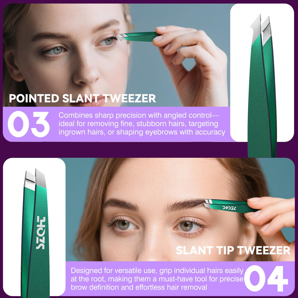 4-Piece Precision Tweezers Set - Stainless Steel Slant, Pointed, Flat & Angled Tips forEyebrow Shaping, Facial & Ingrown Hair Removal - Eco-Friendly Gift Packaging - Women& Men