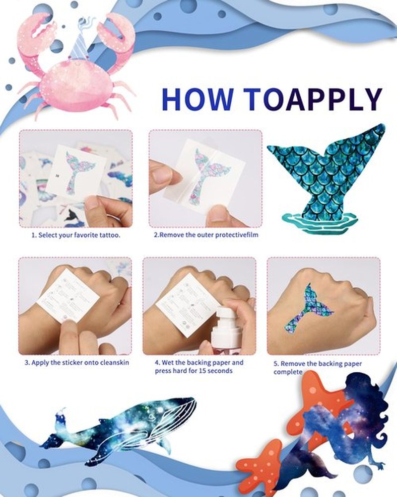 SUNAI Mermaid Party Favors - 100 Style Pre-Cut Mermaid Temporary Tattoos(2x2 Inch) Perfect for Under The Sea Themed Birthday Party Decorations, Supplies, Goodie Bag Fillers