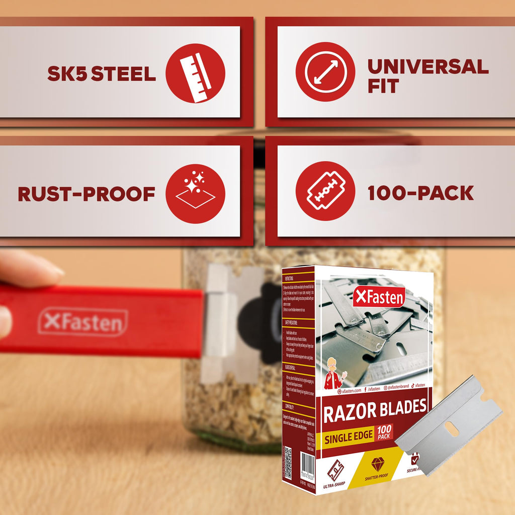 XFasten Single Edge Razor Blades for Scraping (100-Pack) Heavy-duty Flat Razor Blade Scraper for Box Cutter Refills Straight High Carbon Steel Replacement Paint Scraper Refill for Utility Box Cutters