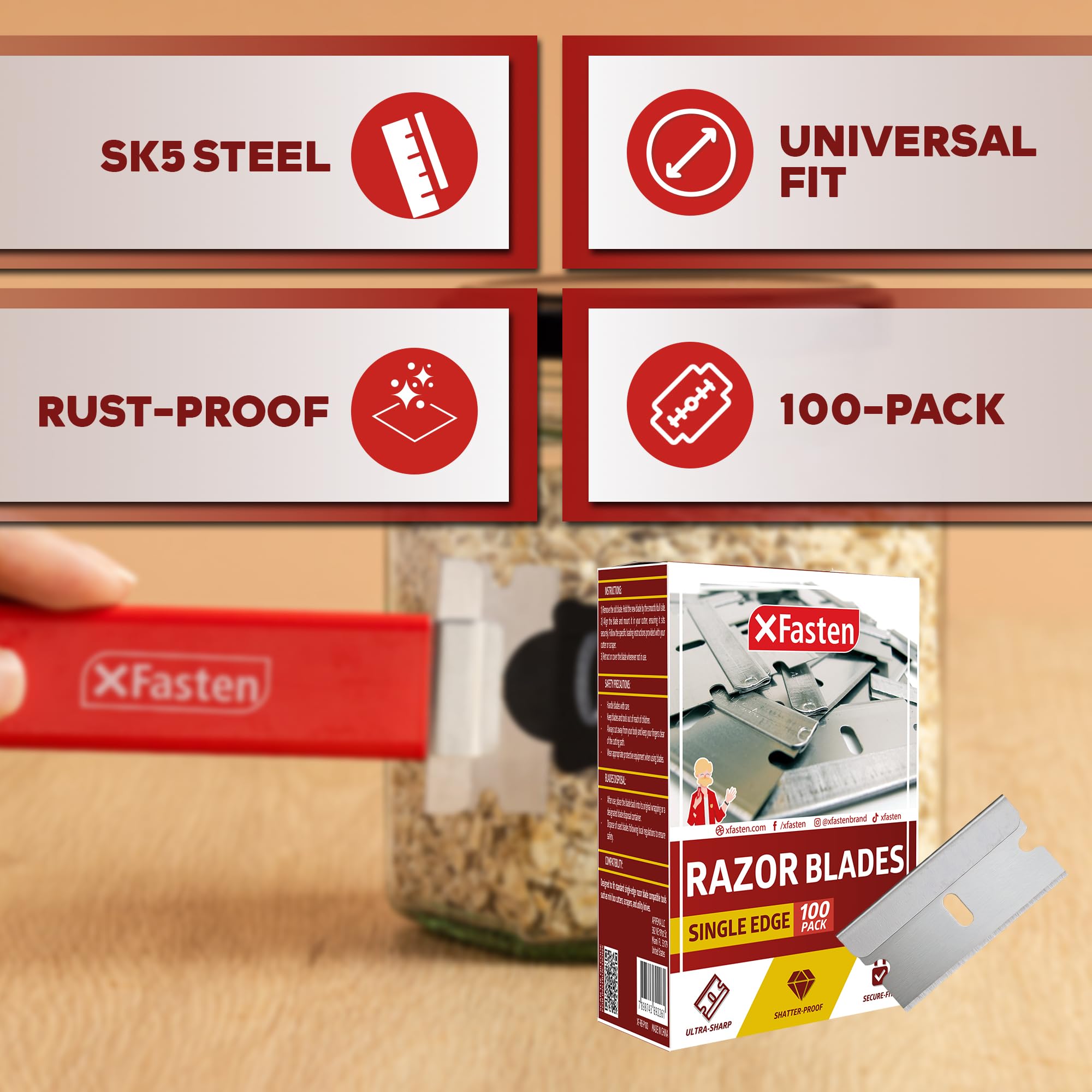 XFasten Single Edge Razor Blades for Scraping (100-Pack) Heavy-duty Flat Razor Blade Scraper for Box Cutter Refills Straight High Carbon Steel Replacement Paint Scraper Refill for Utility Box Cutters