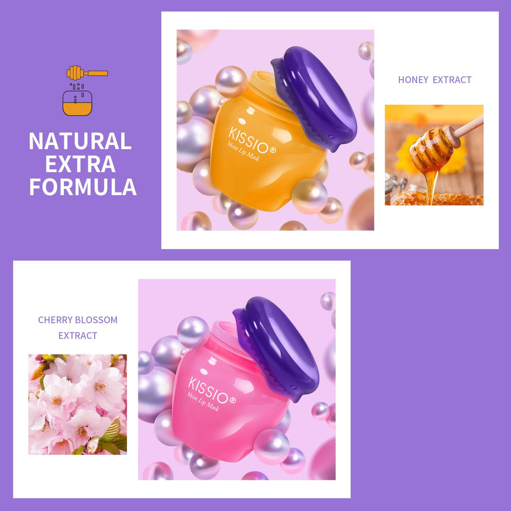 KISSIO Lip Mask,Honey and Cherry Lips Mask Set,Repair Lips Day and Night,Plant Extract,Moisturize Overnight,Hydrating Lip Balm(2 pcs)