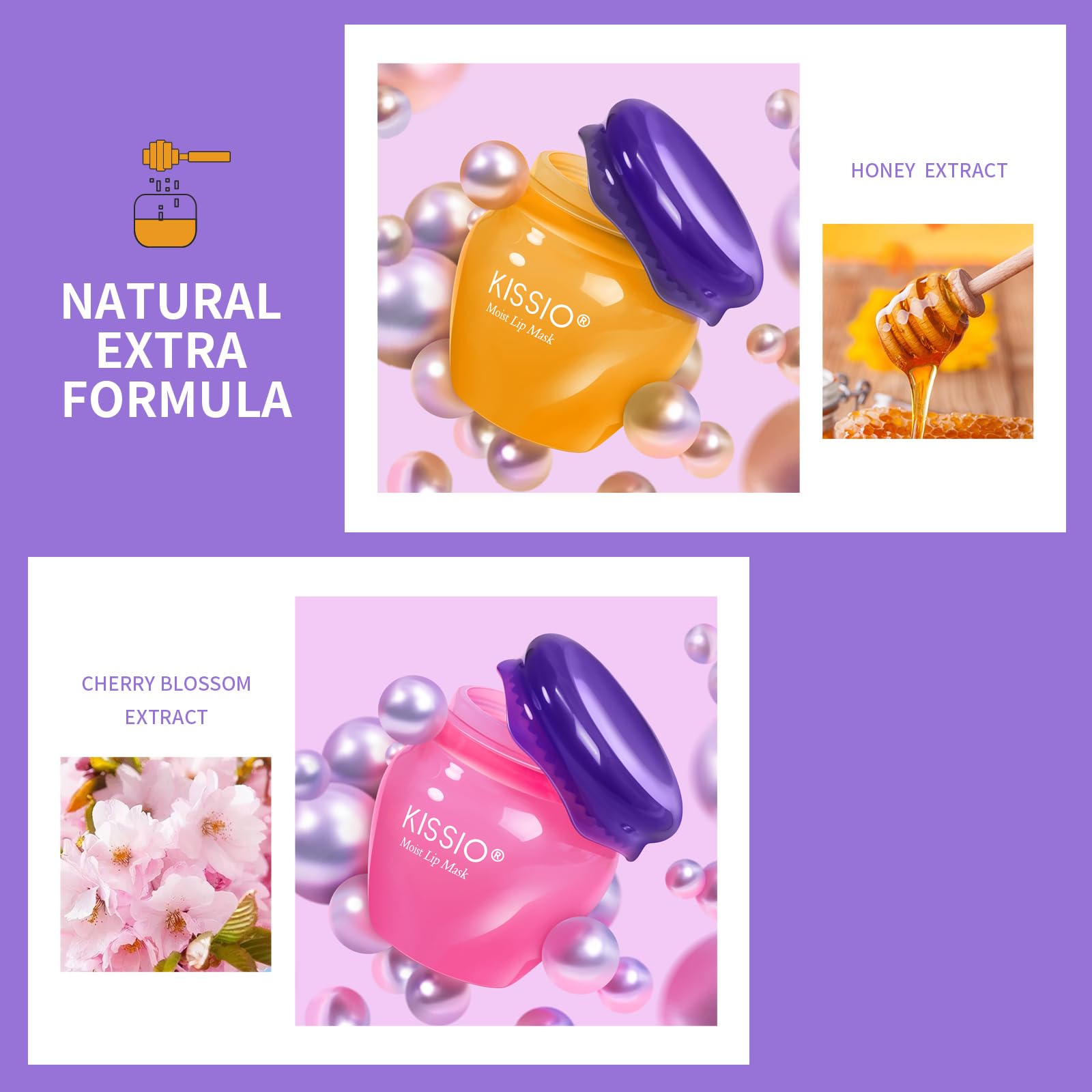 KISSIO Lip Mask,Honey and Cherry Lips Mask Set,Repair Lips Day and Night,Plant Extract,Moisturize Overnight,Hydrating Lip Balm(2 pcs)