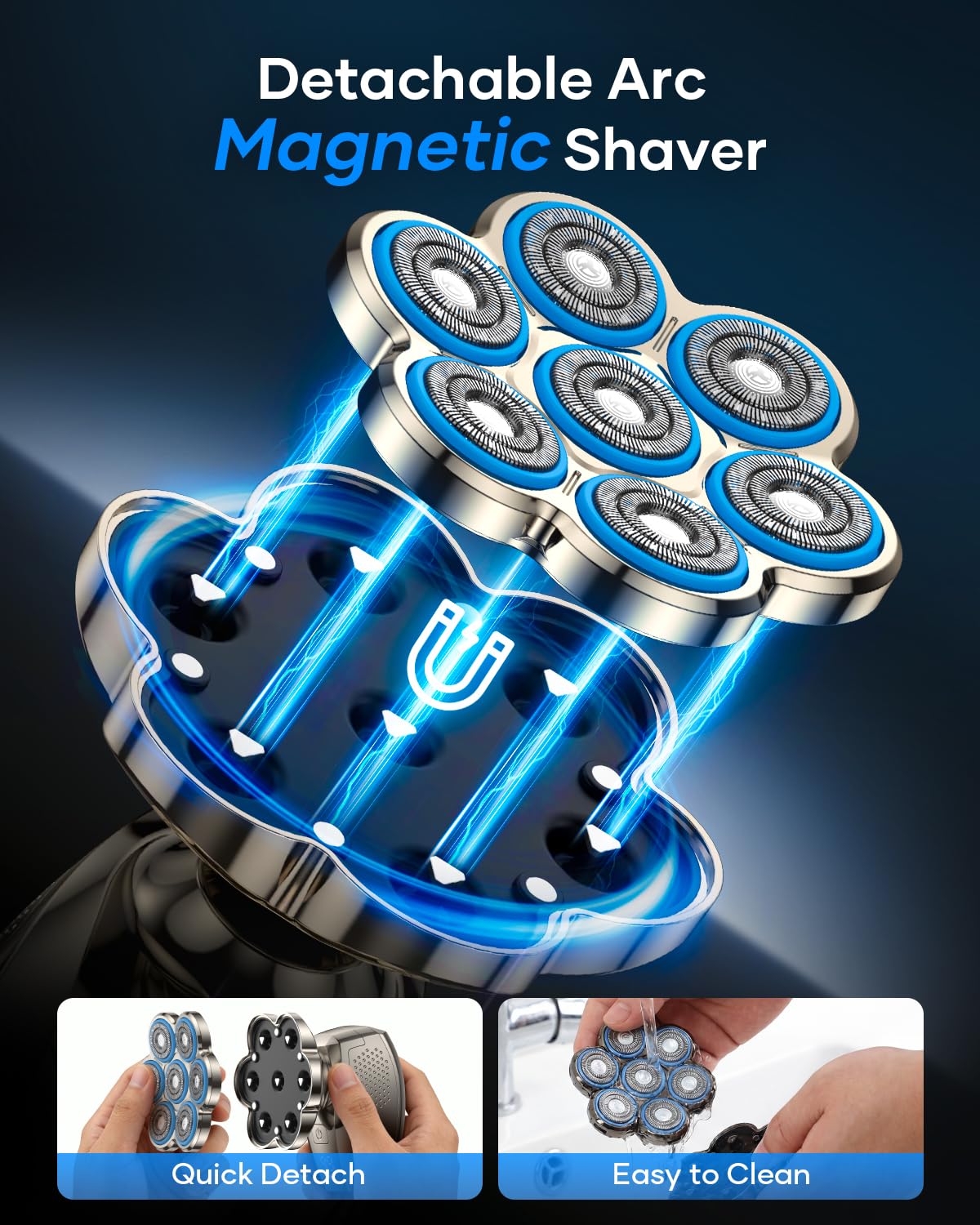 7D Head Shavers for Bald Men, 5-in-1 Magnetic Detachable Head Shaver, IPX7 Waterproof Electric Razor for Wet/Dry Use, Shaving Grooming Kit for Balder, LED Display, Type-C Charge, Gunmetal