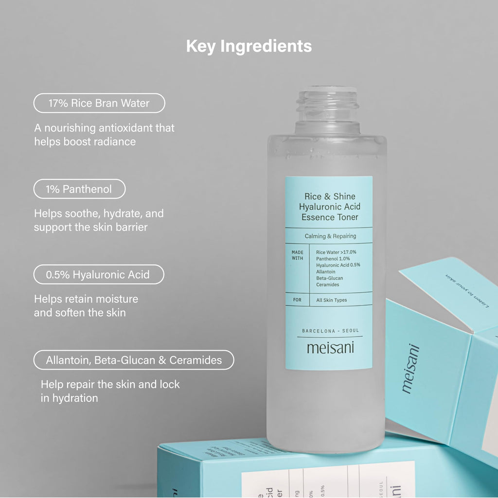 Meisani Rice & Shine Hyaluronic Acid Essence Toner - Hydrating Brightening Facial Toner with Ceramides and Panthenol| Korean Vegan Skincare | 5.07 fl.oz.
