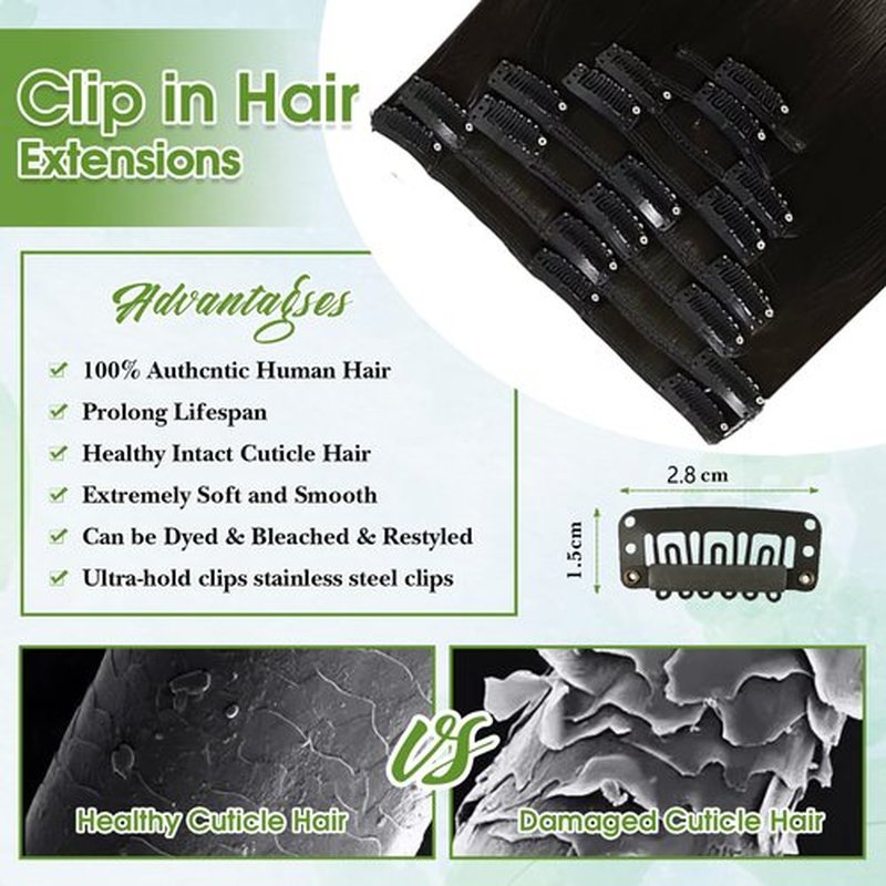 Clip in Hair Extensions Real Human Hair, 18inch/8pcs Seamless Invisible Human Hair Clip in Extensions for Women, 10A Brazilian Virgin Remy Human Hair Extensions Clip ins Double Weft 70g Natural Black